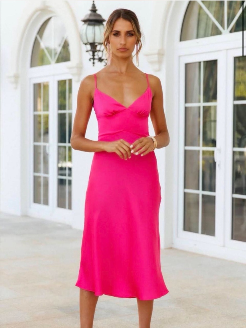 Hello molly hot pink satin midi cocktail slip dress magenta fuchsia aline vneck